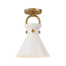 Load image into Gallery viewer, Emerson Semi Flush Mount Ceiling Light in Aged Gold/Glossy Opal Glass.
