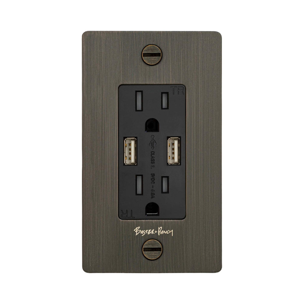 1G Combination Duplex Outlet with 2 USB Ports in Smoked Bronze.