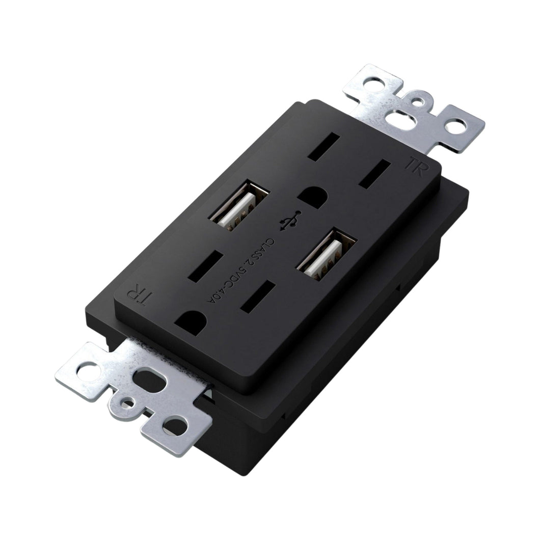Combination Duplex Outlet Module with 2 USB Ports in Black.