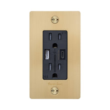 Load image into Gallery viewer, 1G Combination Duplex Outlet with USB-A and USB-C Ports in Brass (Logo).
