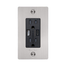 Load image into Gallery viewer, 1G Combination Duplex Outlet with USB-A and USB-C Ports in Steel (Logo).
