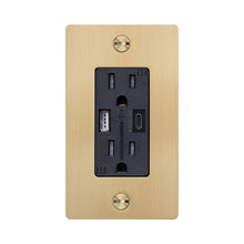 Load image into Gallery viewer, 1G Combination Duplex Outlet with USB-A and USB-C Ports in Brass (Without Logo).
