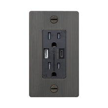 Load image into Gallery viewer, 1G Combination Duplex Outlet with USB-A and USB-C Ports in Smoked Bronze (Without Logo).
