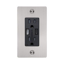 Load image into Gallery viewer, 1G Combination Duplex Outlet with USB-A and USB-C Ports in Steel (Without Logo).
