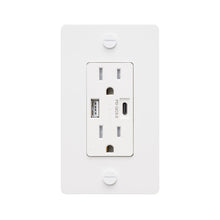 Load image into Gallery viewer, 1G Combination Duplex Outlet with USB-A and USB-C Ports in White (Without Logo).
