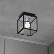Load image into Gallery viewer, Caged Outdoor Flush Mount Ceiling Light in Steel.
