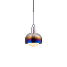Load image into Gallery viewer, Forked Shade Globe Pendant Light in Burnt Steel/Opal (Medium).
