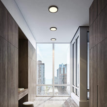 Load image into Gallery viewer, Radiance Round Indoor/Outdoor LED Flush Mount Ceiling Light in hall way.
