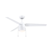 Load image into Gallery viewer, PC/DC Outdoor Ceiling Fan in Matte White (With Light Lit).
