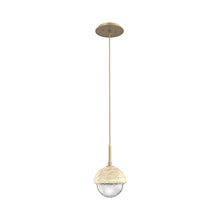 Load image into Gallery viewer, Cabochon LED Pendant Light in Gilded Brass/Travertine.
