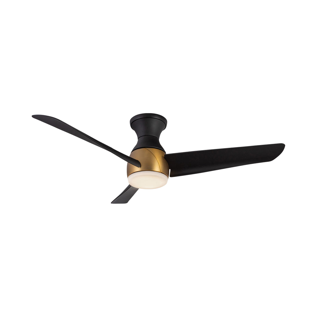Thalia LED Flush Mount Ceiling Fan in Brushed Gold/Matte Black.