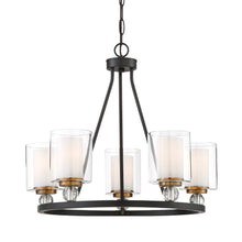 Load image into Gallery viewer, Studio 5 Chandelier in Painted Bronze with Natural Brushed Brass (5-Light).
