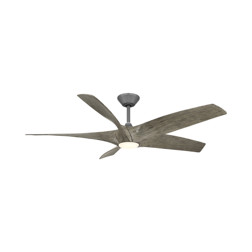 Zephyr Outdoor LED Downrod Ceiling Fan in Graphite/Weathered Wood.