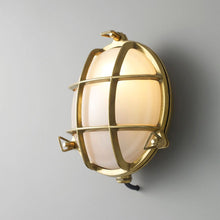 Load image into Gallery viewer, Brass Bulkhead Wall Light in Detail.
