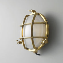 Load image into Gallery viewer, Brass Bulkhead Wall Light in Detail.
