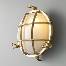 Load image into Gallery viewer, Brass Bulkhead Wall Light in Detail.
