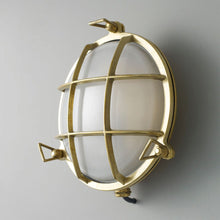 Load image into Gallery viewer, Brass Bulkhead Wall Light in Detail.
