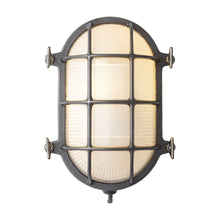 Load image into Gallery viewer, Oval Brass Bulkhead Indoor/Outdoor Wall Light in Weathered Brass (Large).
