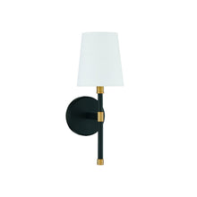 Load image into Gallery viewer, Brody Wall Light in Matte Black/Warm Brass.

