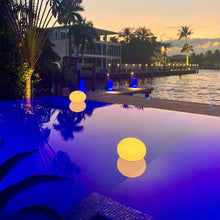 Load image into Gallery viewer, Flatball Floating Bluetooth Outdoor LED Lamp in Outside Area.
