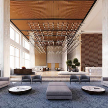Load image into Gallery viewer, Labyrinth Square LED Pendant Light in lobby.

