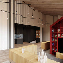 Load image into Gallery viewer, Suspenders® Zig Zag LED Pendant Light with Crystal Cylinder Luminaires in living room.
