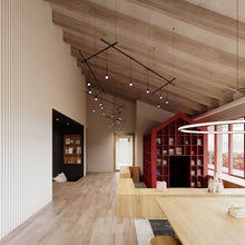 Load image into Gallery viewer, Suspenders® Zig Zag LED Pendant Light with Crystal Cylinder Luminaires in living room.
