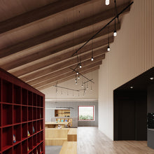 Load image into Gallery viewer, Suspenders® Zig Zag LED Pendant Light with Crystal Cylinder Luminaires in living room.

