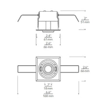 Load image into Gallery viewer, ENTRA Niche 2-Inch Square LED Adjustable Downlight Recessed Housing - line drawing.
