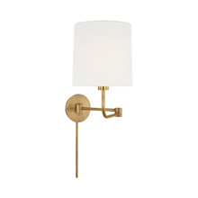 Load image into Gallery viewer, Go Lightly Swing Arm Wall Light in Soft Brass/Linen.
