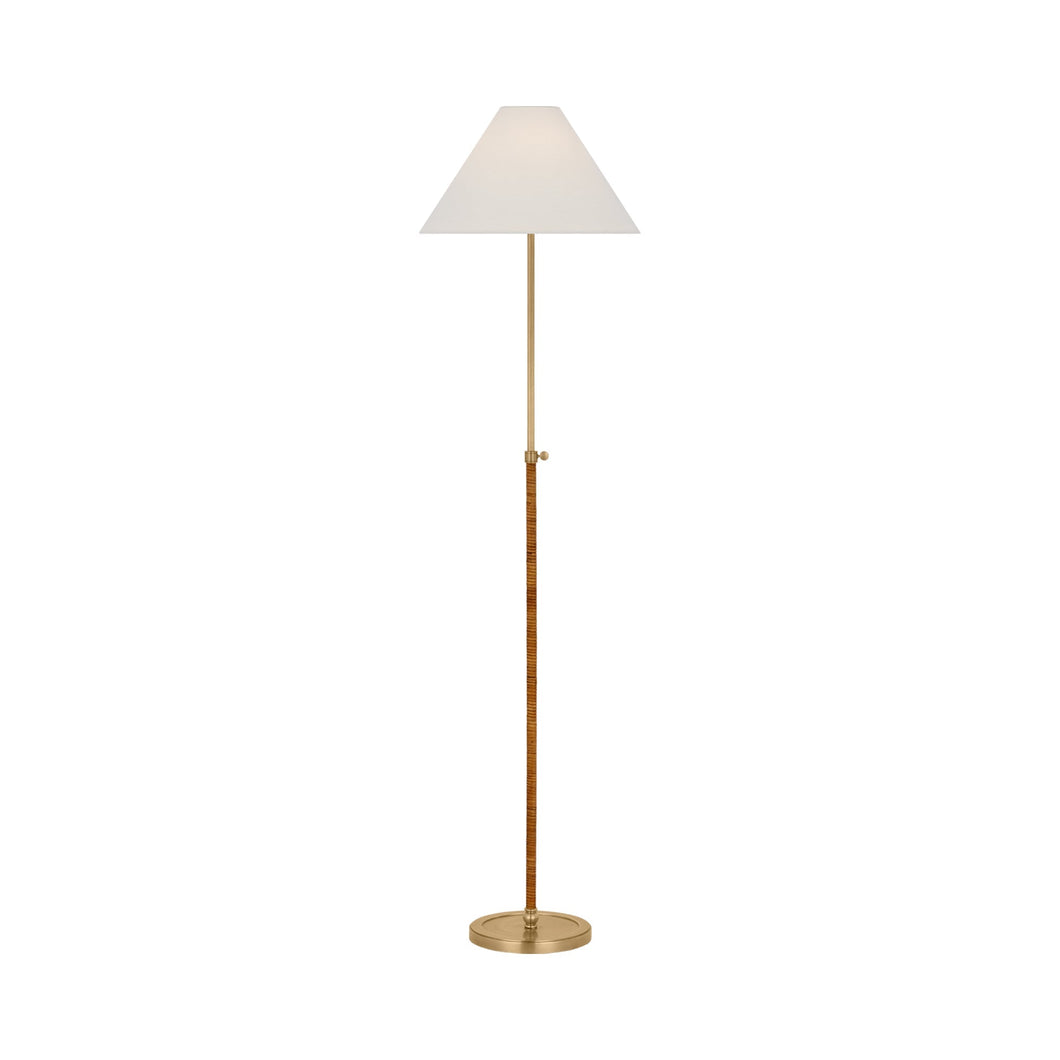 Basden Adjustable Floor Lamp in Antique-Burnished Brass/Natural Rattan.