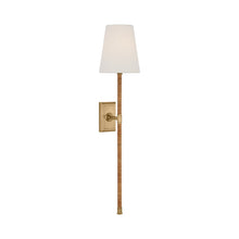 Load image into Gallery viewer, Basden Tail Wall Light in Antique-Burnished Brass/Natural Rattan (28.5-Inch).
