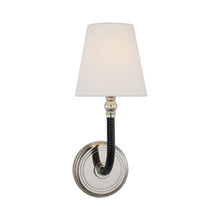 Load image into Gallery viewer, Basden Wall Light in Polished Nickel/Black Rattan.
