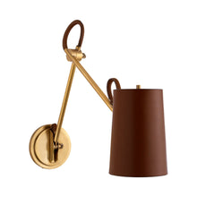 Load image into Gallery viewer, Benton Double Library Wall Light in Natural Brass (Saddle Leather Shade).
