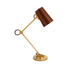 Load image into Gallery viewer, Benton Table Lamp in Natural Brass/Saddle Leather.
