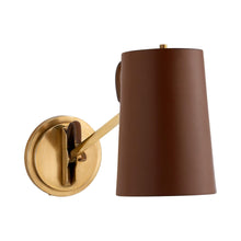 Load image into Gallery viewer, Benton Wall Light in Natural Brass/Saddle Leather.
