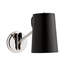 Load image into Gallery viewer, Benton Wall Light in Polished Nickel/Chocolate Leather.
