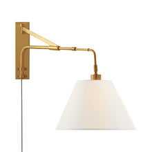 Load image into Gallery viewer, Brompton Swing Arm Wall Light in Natural Brass.
