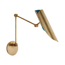 Load image into Gallery viewer, Flore Wall Light in Soft Brass/Riviera Blue.
