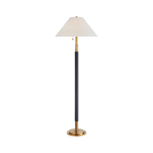 Load image into Gallery viewer, Garner Floor Lamp in Natural Brass/Navy Leather.
