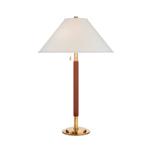 Load image into Gallery viewer, Garner Table Lamp in Natural Brass/Saddle Leather.
