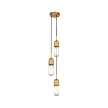 Load image into Gallery viewer, Junio Pendant Light in Hand-Rubbed Antique Brass/Clear Glass (3-Light).
