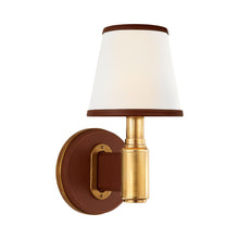 Load image into Gallery viewer, Riley Wall Light in Natural Brass/Saddle Leather.
