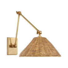 Load image into Gallery viewer, Wimberley Swing Arm Wall Light in Soft Brass/Natural Wicker.

