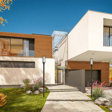 Load image into Gallery viewer, Aura Outdoor Post Light in Outside Area.
