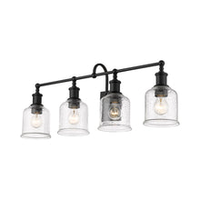 Load image into Gallery viewer, Bryant Bath Vanity Light in Matte Black/Clear Seedy (4-Light).
