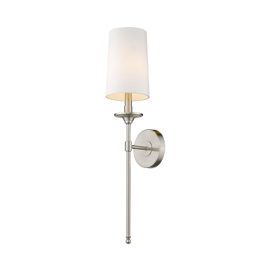 Emily Single Wall Light in Brushed Nickel/White.