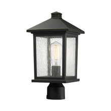 Load image into Gallery viewer, Portland Outdoor Round Mount Post Light in Oil Rubbed Bronze/Clear Seedy (16-Inch).

