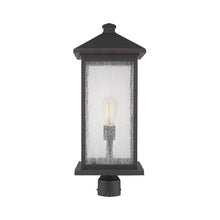 Load image into Gallery viewer, Portland Outdoor Round Mount Post Light in Oil Rubbed Bronze/Clear Seedy (24-Inch).
