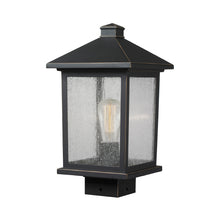 Load image into Gallery viewer, Portland Outdoor Square Mount Post Light in Oil Rubbed Bronze/Clear Seedy (14.38-Inch).
